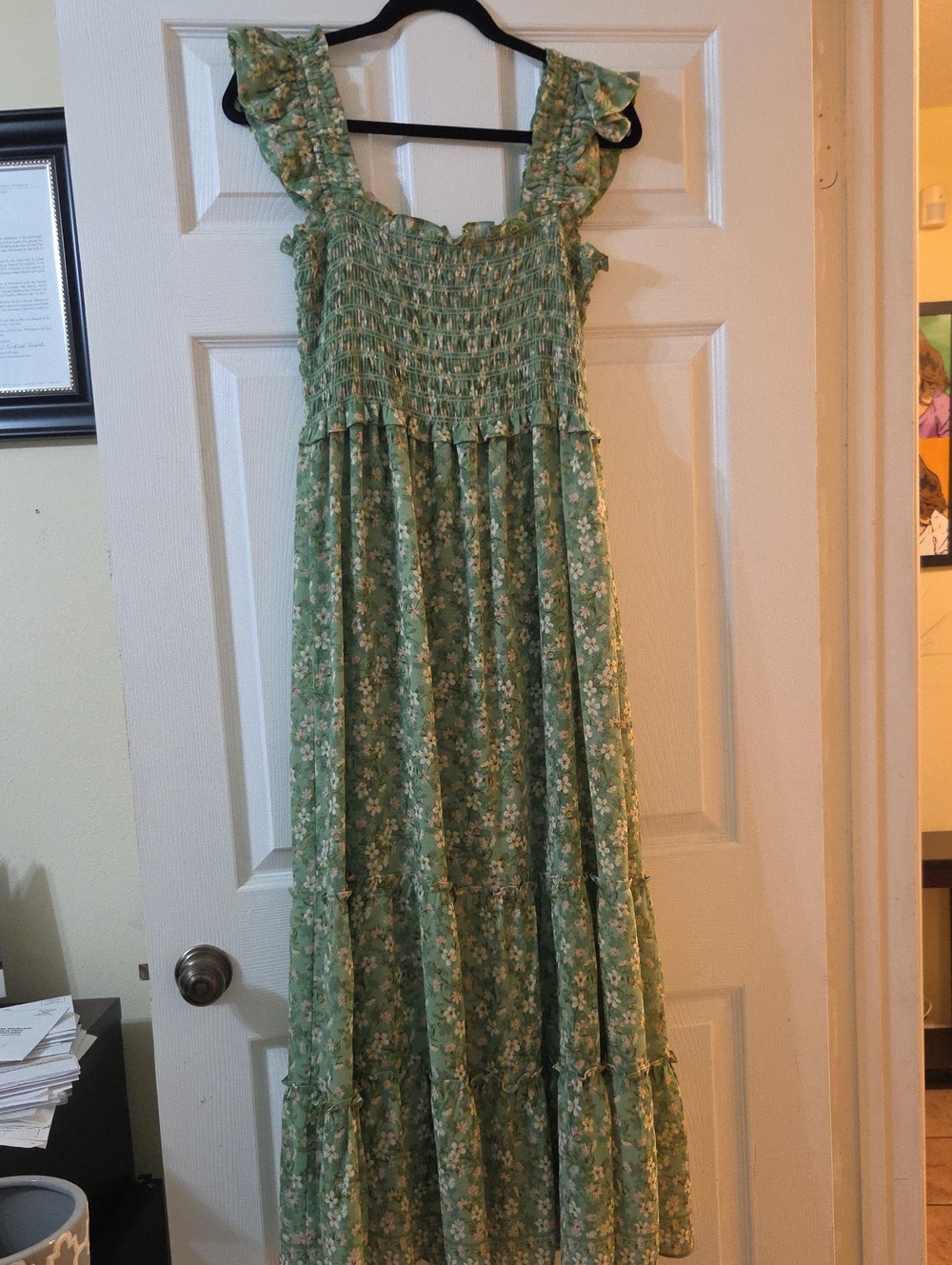 Max Studio Women's Boho Green Floral Smocked Lined Ruffle Straps Maxi Dress - M